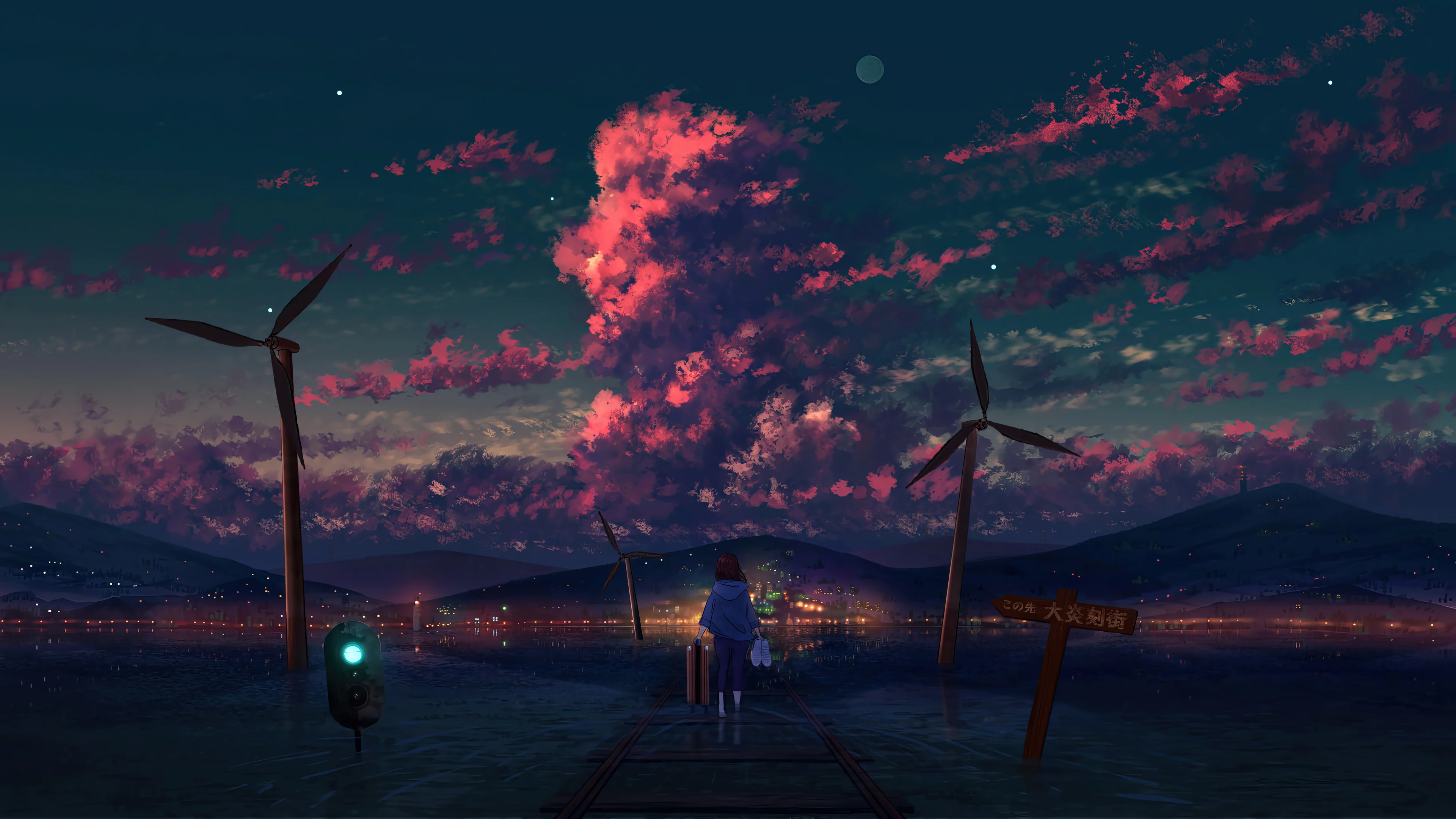 Neon dusk landscape illustration with cyan and pink tones